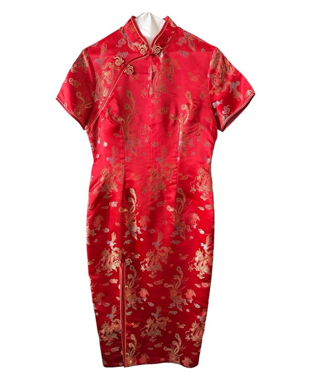 Red Chinese Cheongsam Qipao Dress Dragon Peacock Brocade Satin Midi fits M/L